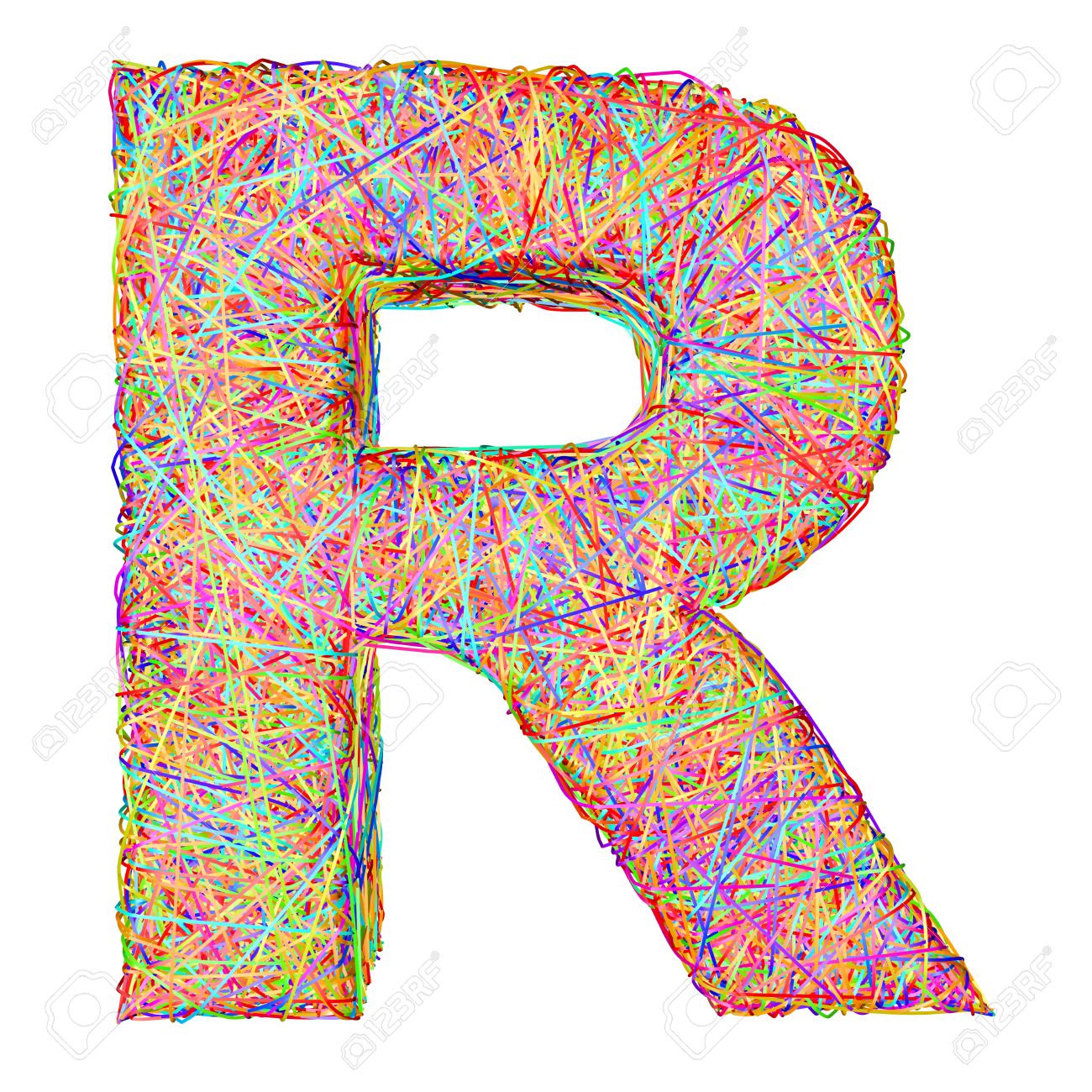 Alphabet symbol letter R composed of colorful striplines isolated on white. High resolution 3D image